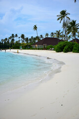 Maldives island landscape. Water, sand and greenery. Lush, tropical, vegetation, palm trees and bushes. Shoreline with sandy beach. Wooden pathway pier. Walkway deck to private villas. Floating house
