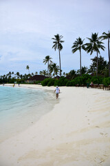 view of Maldives island landscape. Water, sand and greenery. Lush, tropical, vegetation, palm trees and bushes Shoreline with sandy beach. Wooden pathway pier.Walkway deck to private villas with model