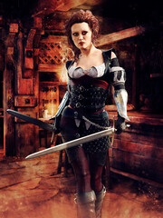 Fantasy female rogue with two short swords standing inside a medieval room. 3D render - the woman is a 3D object rendered in DAZ Studio.