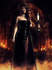 Night scene with a woman in a gothic dress holding a candle and standing in a medieval dungeon. 3D render - the woman is a 3D object rendered in DAZ Studio.