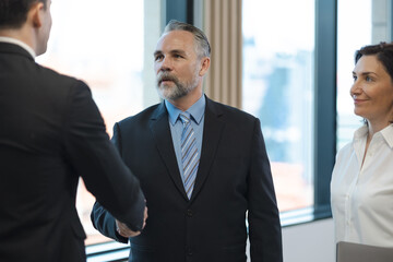 Senior male businessman shaking hands with colleagues in modern office joint business agreement