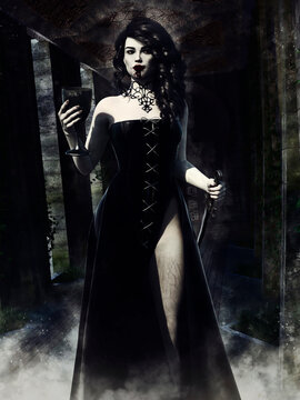 Night scene with a gothic vampire woman holding a chalice in one hand and a dagger in the other. 3D render - the woman is a 3D object rendered in DAZ Studio.