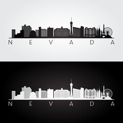 Nevada state skyline and landmarks silhouette, black and white design. Vector illustration. © greens87
