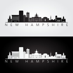 Obraz premium New Hampshire state skyline and landmarks silhouette, black and white design. Vector illustration.