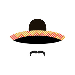 Mexican Sombrero hat with mustache. Traditional Mexican headdress. Cinco de Mayo mexican celebration.