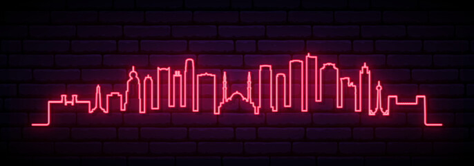 Fototapeta premium Red neon skyline of Sharjah. Bright Sharjah City long banner. Vector illustration.