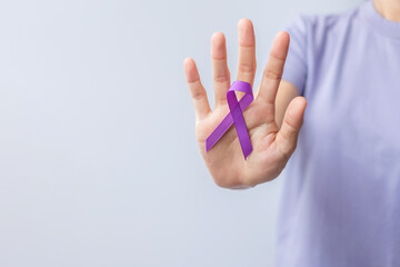 purple ribbon for cancer day, lupus, Pancreatic, Esophageal, Testicular cancer, world Alzheimer,...