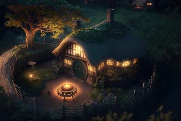 Paintings on glass Black House of the hobbit hole. Fantasy Village Shire, houses with round doors and windows. The fabulous landscape of the Lord of the Rings at sunset. 3d illustration