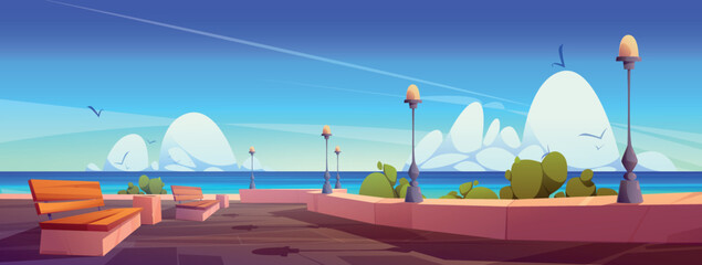 City embankment in summer season. Cartoon vector illustration of seaside promenade with benches, lamps, green plants, birds flying in bright blue sky with fluffy white clouds. Game background design © klyaksun