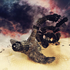 Alien ship crashed on a desert of an unknown planet. 3D render. - 557830044