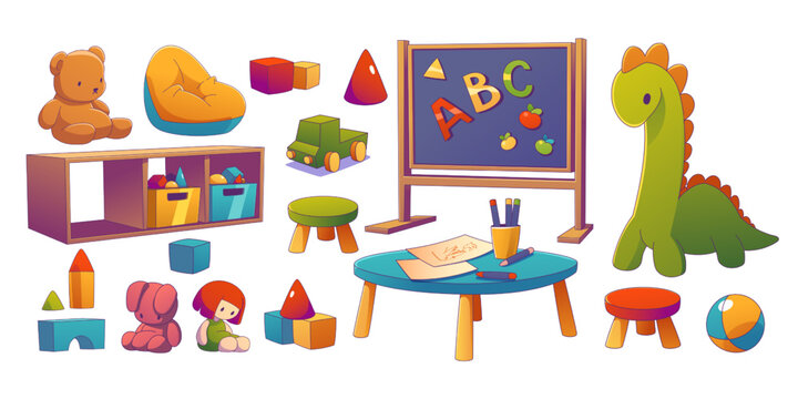 Kindergarten room interior set with kids table, chair, toys, blackboard and shelves. Nursery playroom with furniture for children, blocks and plush toys, vector illustration in contemporary style
