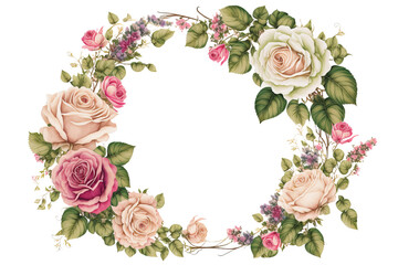 Floral round frame wreath made of pink, red and white roses and leaves isolated on transparent background - Generative AI