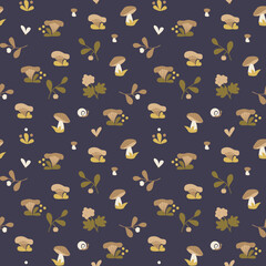 seamless vector pattern with cute small  forest flowers, berries and mushrooms on a dark blue background