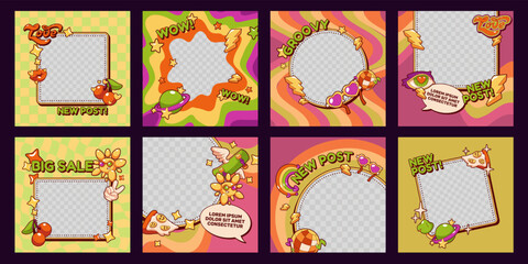 Layouts of social media post with psychedelic stickers with cute sun, rainbow, planet, disco ball, eye and pizza. Abstract posters templates with transparent background, vector illustration