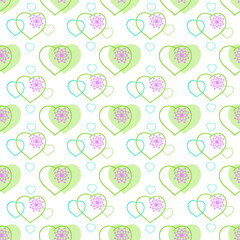 Pattern with green and outline hearts in line style.