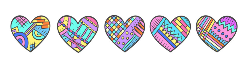 Hearts doodles set. Zentangle ornament heart. Valentines day hearts. 90s style stickers. Love, romance, wedding, marriage. Valentines day abstract patch badges set.