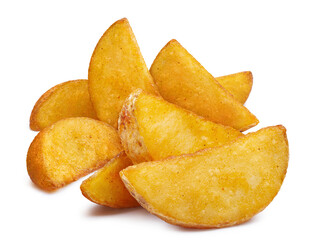 Delicious fried potato wedges, isolated on white background