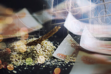 The concept of the cost of grain. 5000 ruble banknotes around a handful of ground grain. World...