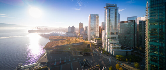 Aerial view downtown Vancouver Harbour skyline, British Columbia, Canada at sunrise