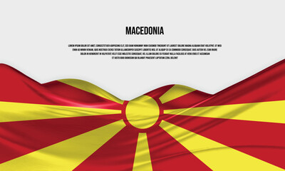 Macedonia flag design. Waving North Macedonia flag made of satin or silk fabric. Vector Illustration.