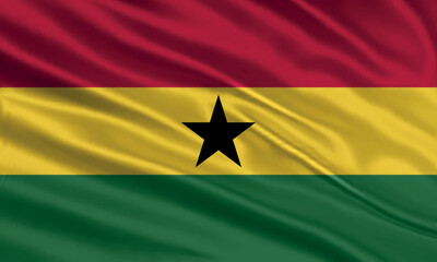 Ghana flag design. Waving Ghana flag made of satin or silk fabric. Vector Illustration.