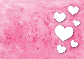 Many white hearts on pink abstract watercolor texture background. Greeting card for valentine, wedding, Happy mothers day, birthday, banner love concept. illustration paper cut design style.
