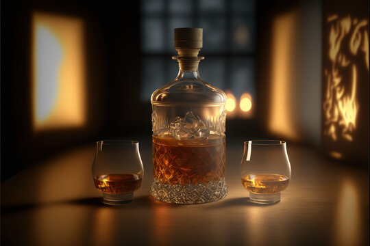 bottle of whiskey, rhum, 3D, AI, generate ai