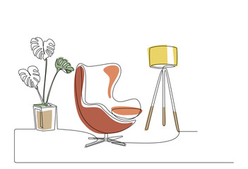 Continuous single line interior with armchair, plant in pot, floor lamp. Colored one line drawing of Living room with modern furniture editable stroke. Handdraw contour. Monstera Flower. Doodle vector