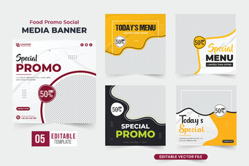 Food promo social media post collection with red wine and yellow colors. Special food menu promotional web banner set design for social media marketing. Restaurant food menu poster bundle vector.