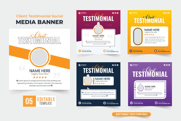 Client testimonial social media post vector collection with creative shapes. Customer feedback layout design bundle with yellow and purple colors. Corporate business rating and review template set.