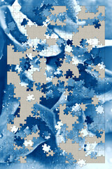 abstract blue and white jigsaw puzzle, incomplete