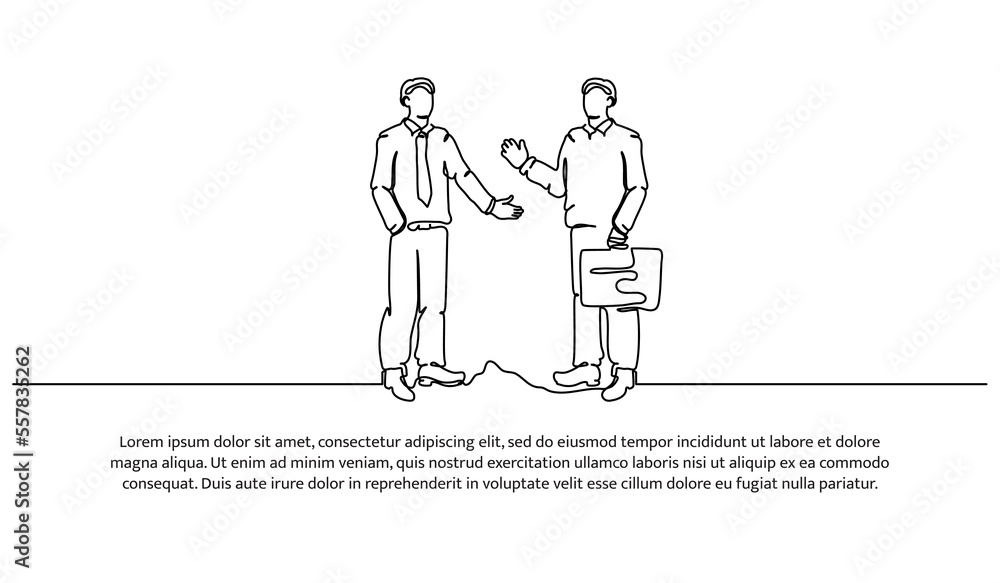 Poster continuous line design of two men standing discussing together. businessman working concept design. 