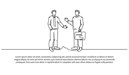 Continuous line design of two men standing discussing together. Businessman working concept design. Decorative elements drawn on a white background.