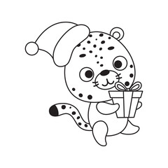 Coloring page cute little cheetah carries gift box. Coloring book for kids. Educational activity for preschool years kids and toddlers with cute animal. Vector stock illustration