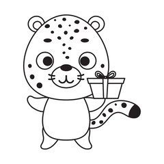 Coloring page cute little cheetah with gift box. Coloring book for kids. Educational activity for preschool years kids and toddlers with cute animal. Vector stock illustration © Jexy