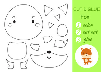 Color, cut and glue paper little fox. Cut and paste crafts activity page. Educational game for preschool children. DIY worksheet. Kids logic game, puzzle. Vector stock illustration