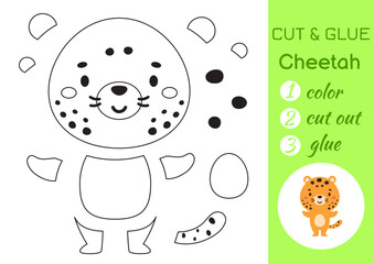 Color, cut and glue paper little cheetah. Cut and paste crafts activity page. Educational game for preschool children. DIY worksheet. Kids logic game, puzzle. Vector stock illustration