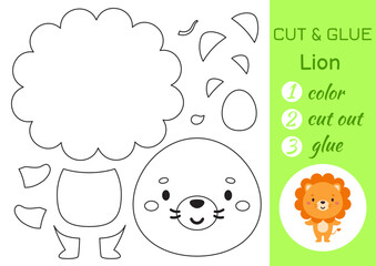 Color, cut and glue paper little lion. Cut and paste crafts activity page. Educational game for preschool children. DIY worksheet. Kids logic game, puzzle. Vector stock illustration