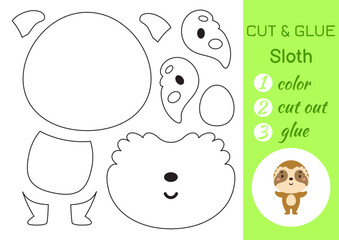 Color, cut and glue paper little sloth. Cut and paste crafts activity page. Educational game for preschool children. DIY worksheet. Kids logic game, puzzle. Vector stock illustration