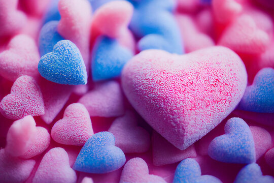 Lots of red and blue heart-shaped candies with Generative AI