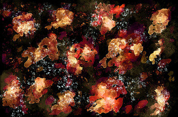 Fototapeta na wymiar Watercolor glowing spots of red shades on a black background. Watercolor abstract background. Illustration.
