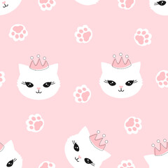 Seamless pattern with cat kitten, crown cartoon and paw prints on pink background vector illustration. Cute childish print.