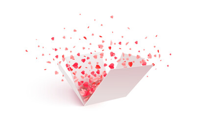Open Gift Box with Hearts Confetti Burst. Valentines Day. Vector Design