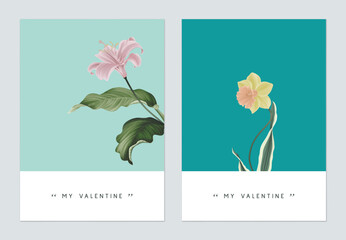 Minimalist botanical valentine greeting card template design, lily and daffodil