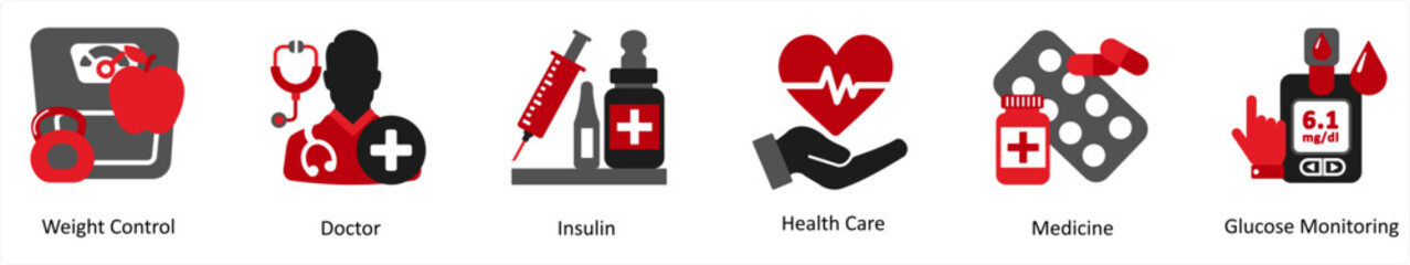 Six medical icons in red and black as weight control, doctor, insulin
