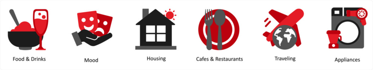 Fototapeta premium Six food and drinks icons in red and black as food and drinks, mood, housing