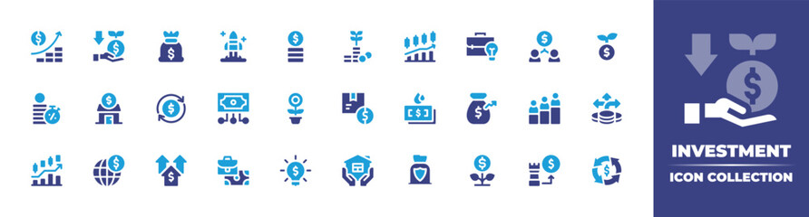 Investment icon collection. Duotone color. Vector illustration. Containing investment, bad investment, entrepeneur, salary, growth, trading, business idea, mutual, loan, home, money growth, and more.