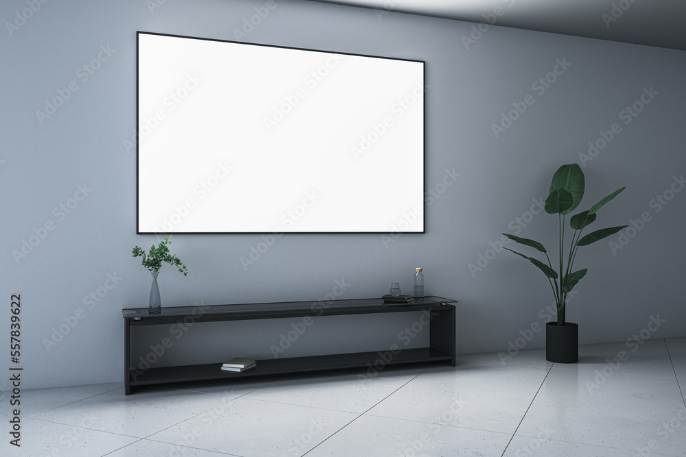 Poster perspective view on blank white screen in black frame with place for your logo or text on grey wall 