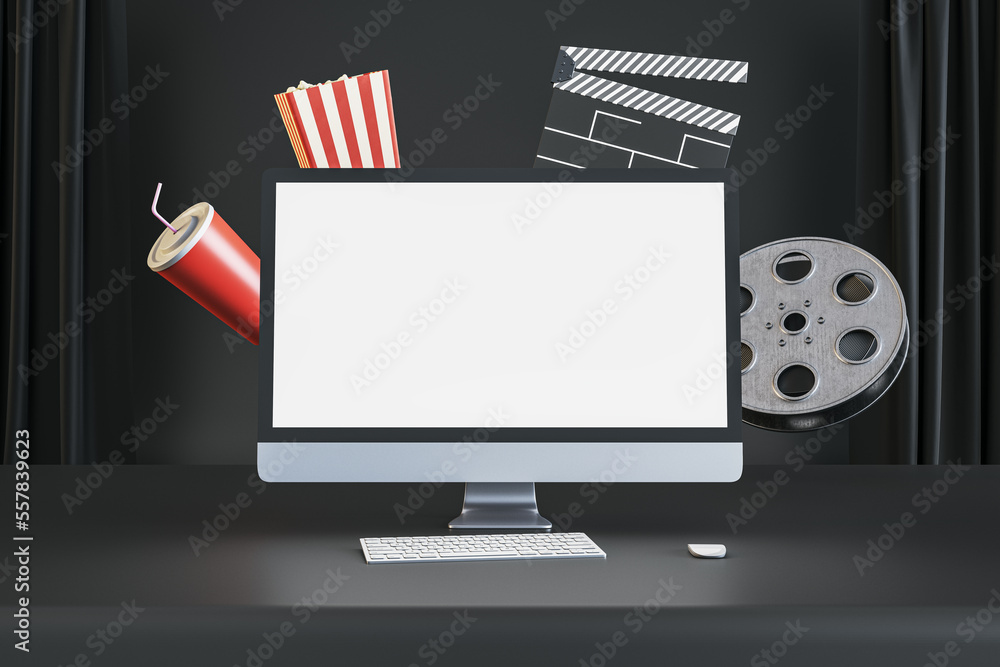 Poster online cinema movie watching concept with blank white modern computer monitor screen with space for 