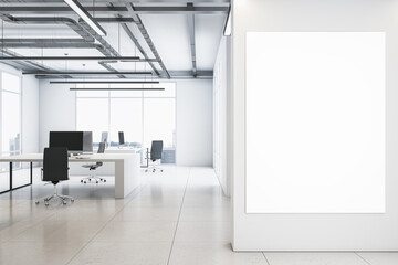 Front view on blank white poster on light wall background in spacious coworking office with monochrome interior design, light glossy floor, loft ceiling lamps and big window. 3D rendering, mock up - obrazy, fototapety, plakaty